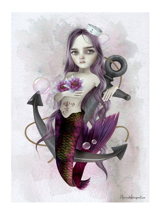 A nautical art print featuring a mermaid and anchor, displayed without a frame.