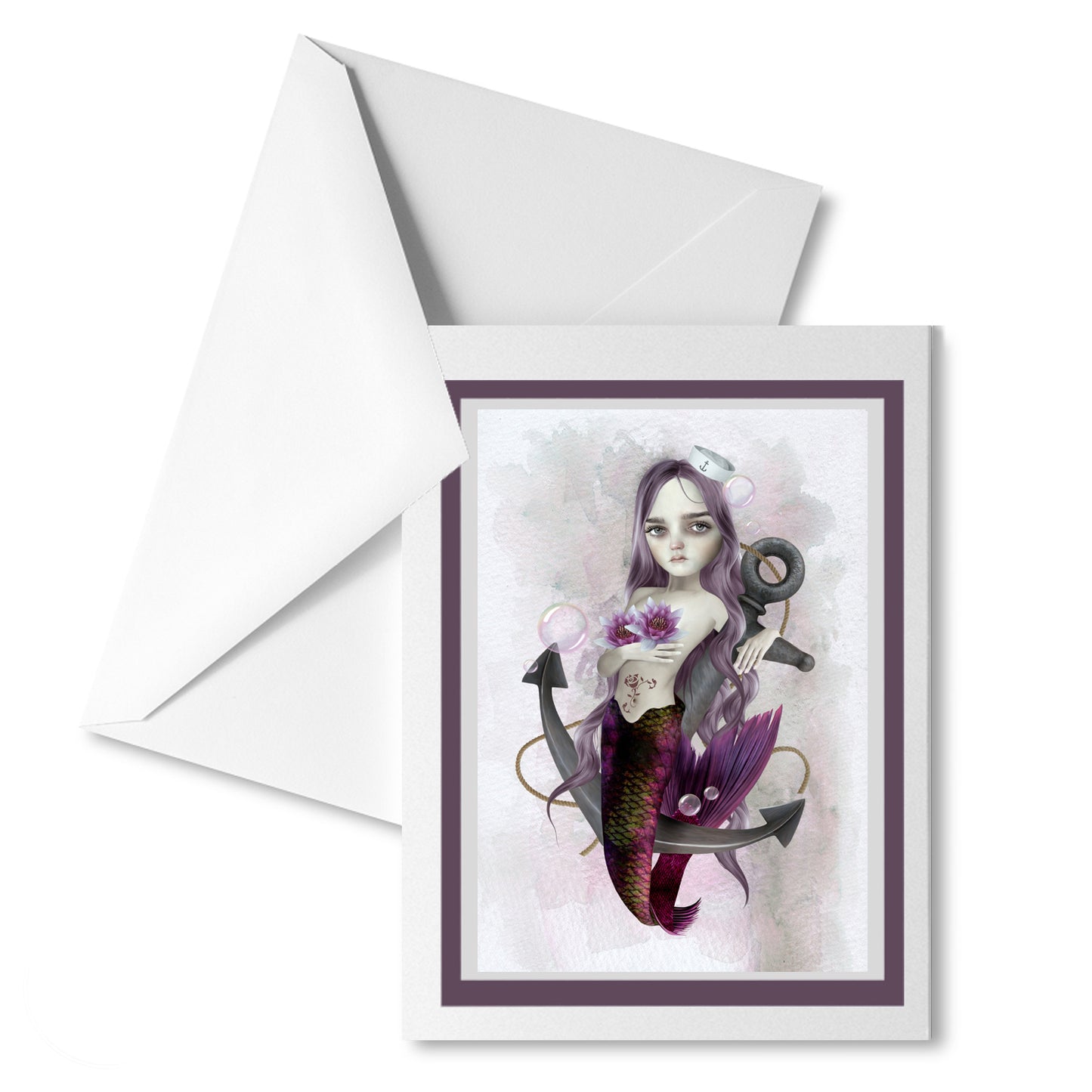 Mermaid and anchor greeting card with matching envelope, perfect for sending a nautical, whimsical message.