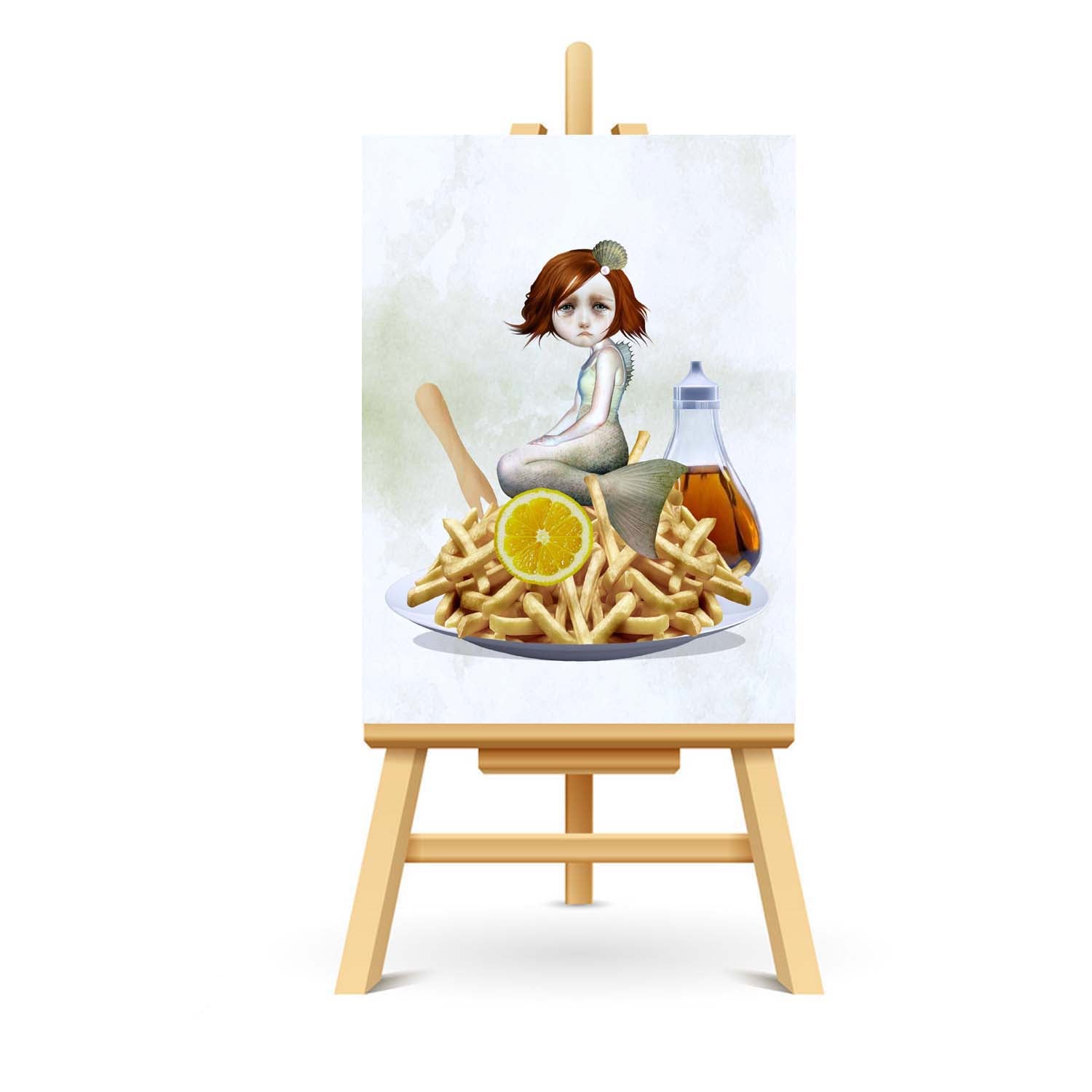 Mermaid and chips, ACEO art displayed on a stand. Quirky miniature art print showcasing Edgy style.