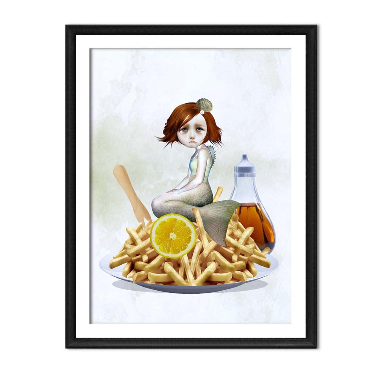 Framed artwork of a mermaid sitting on a plate of fries with a bottle of ketchup and a lemon slice.