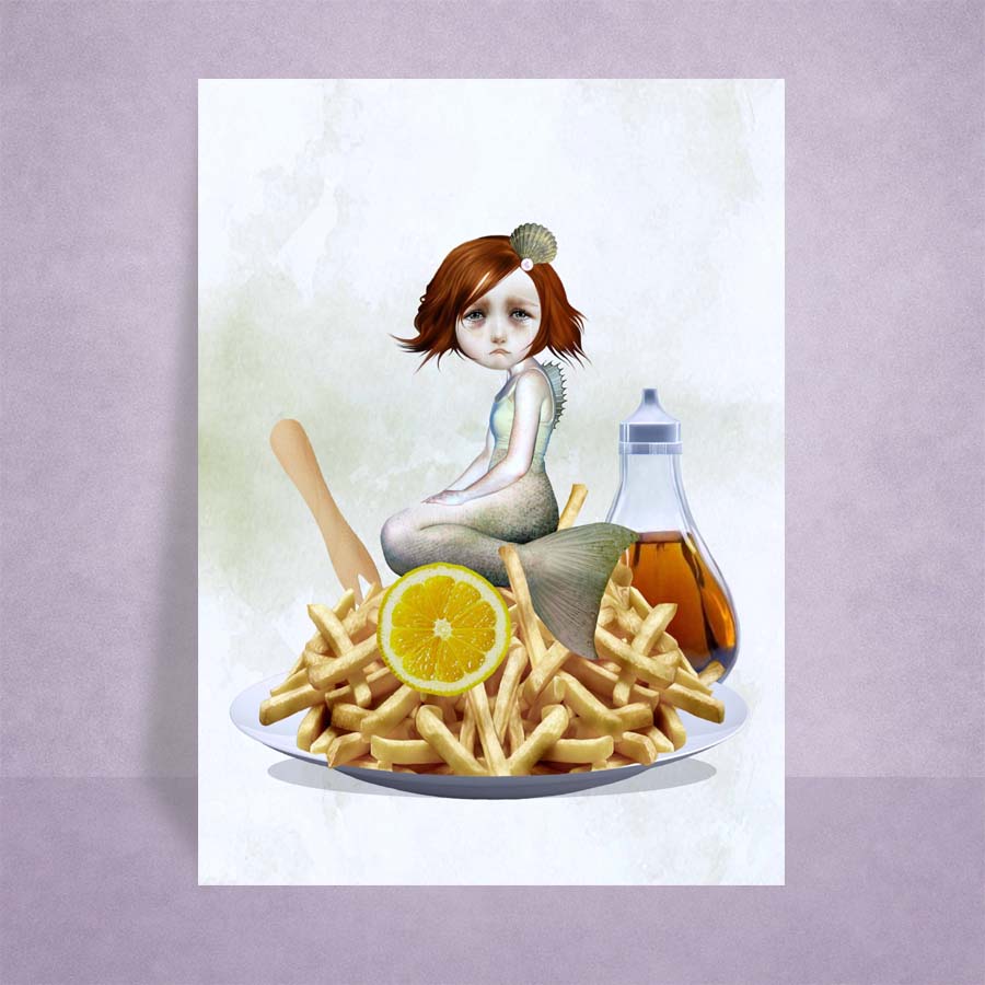 ACEO Illustration of a sad mermaid on a diners plate of fries, lemon, and bottle on a light purple background