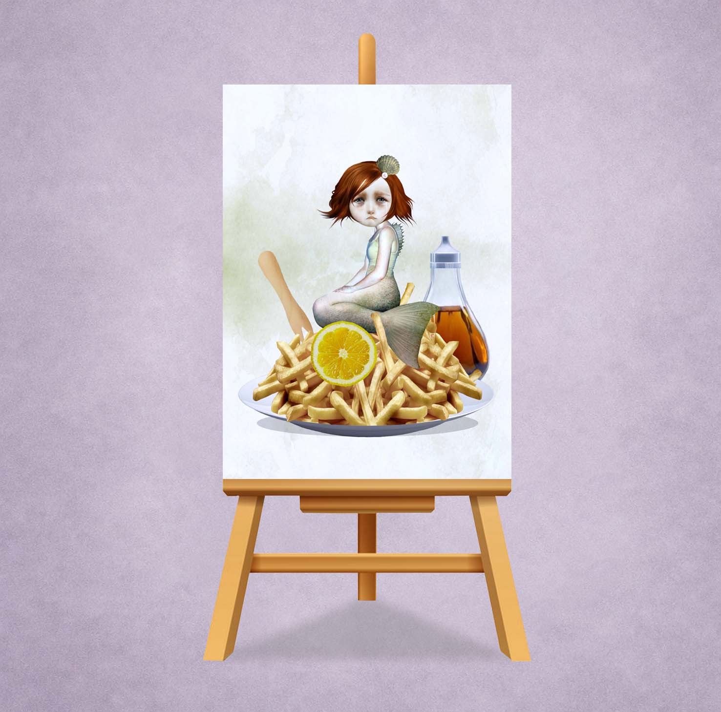 ACEO Illustration of a sad mermaid and chips on a miniature easel for display.