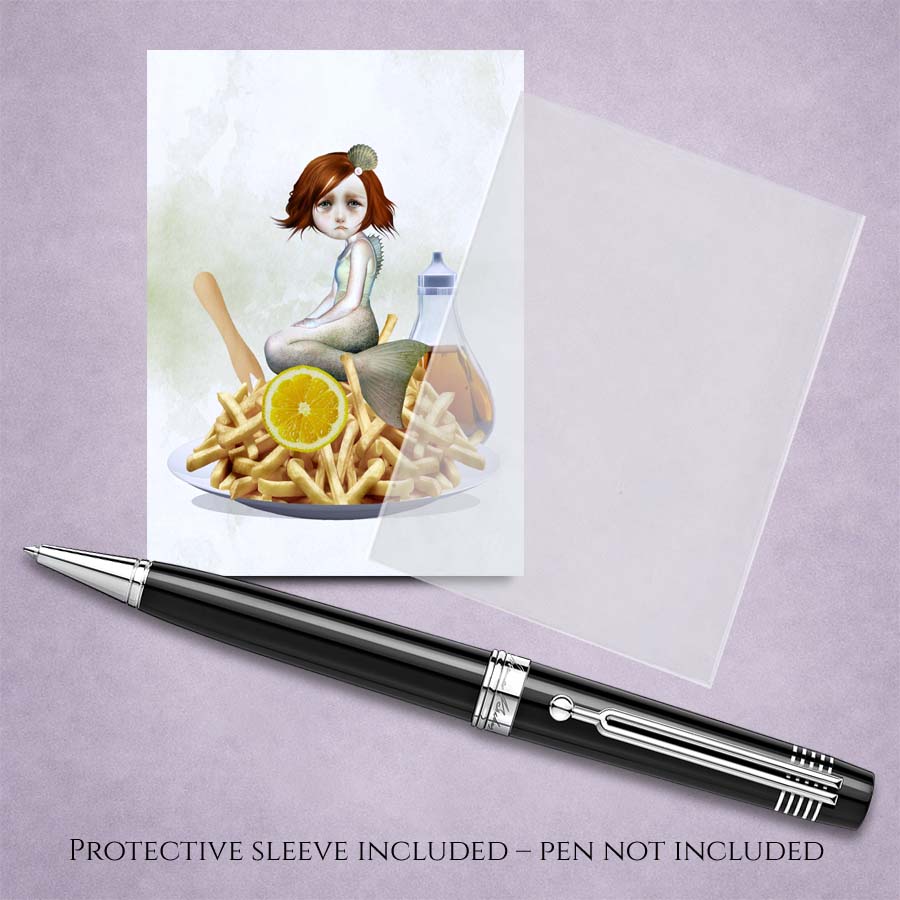 ACEO of a sad mermaid sitting on a diners plate among chips, with sleeve and pen for display.