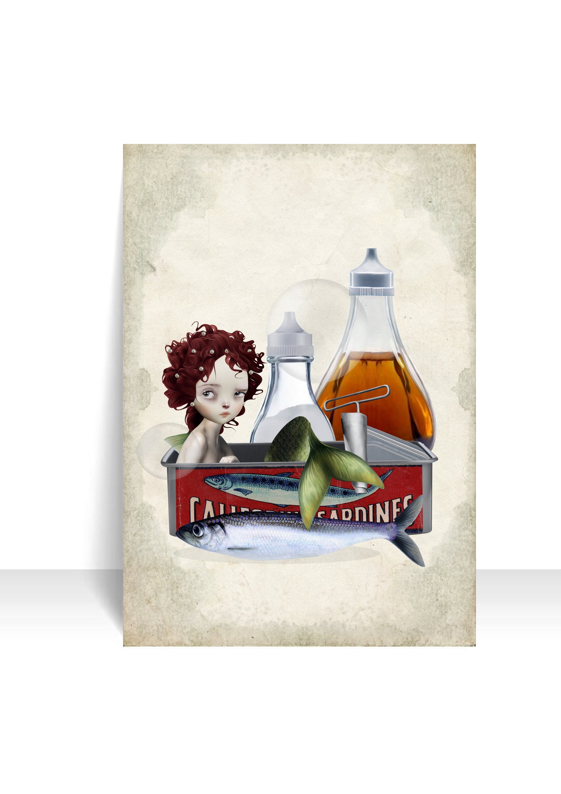 1 of the postcards from my set of 4 image is a mermaid in a sardine tin.