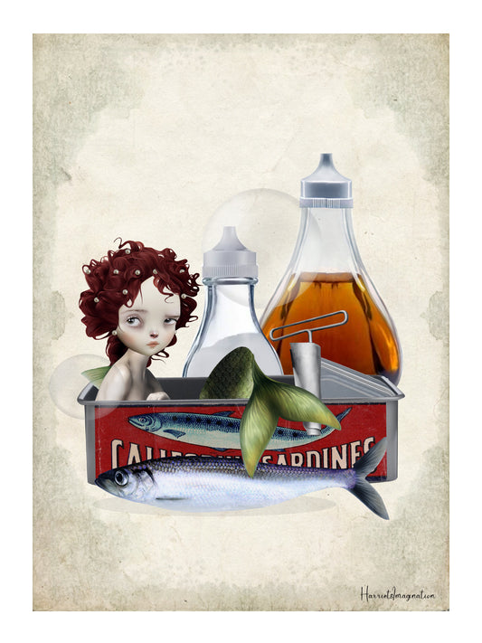 Quirky Mermaid Art Print adds an edgy touch to any home decor with its pop surrealism style. Featuring a sad little mermaid trapped in a sardine can surrounded by condiments, such as salt and vinegar.