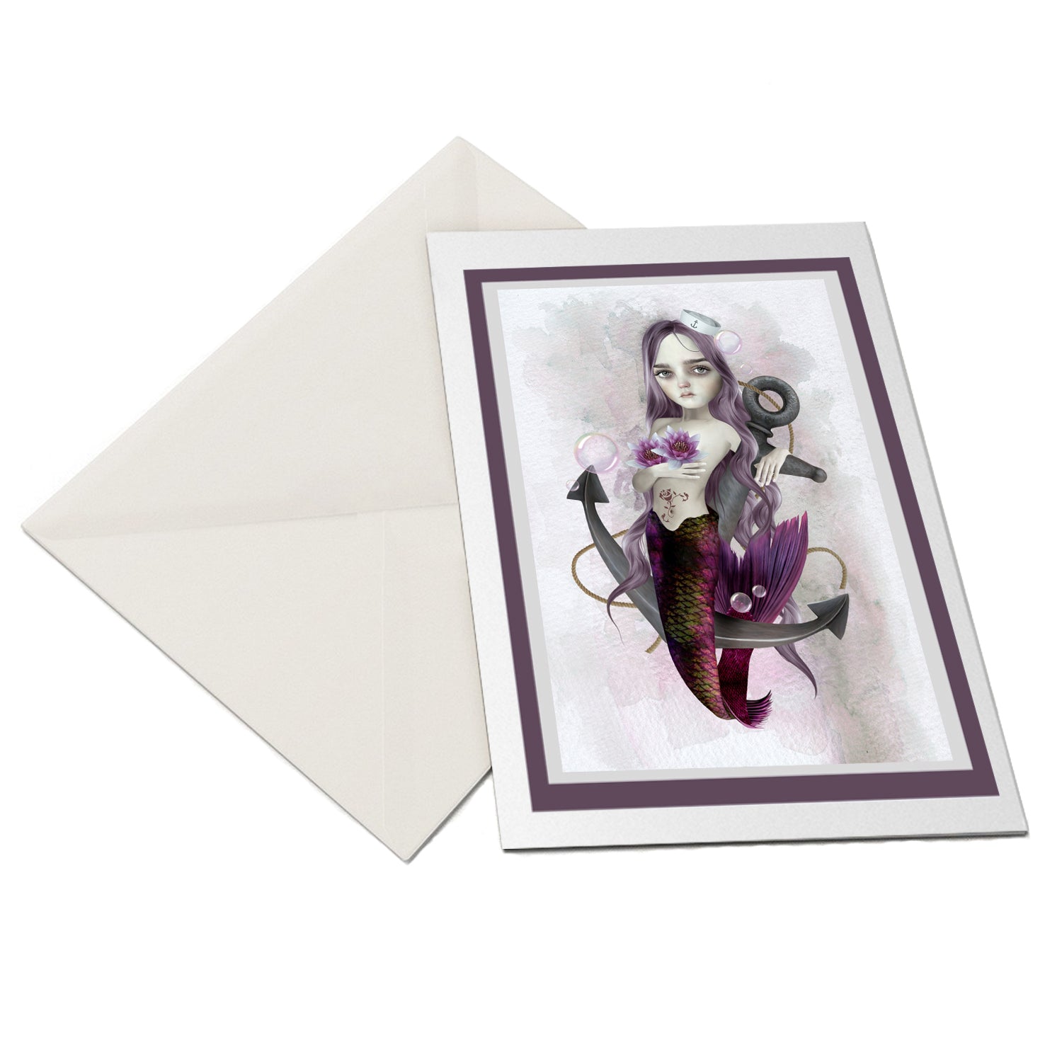 The flat-lay of the mermaid and anchor greeting card and matching envelope is ideal for any occasion.