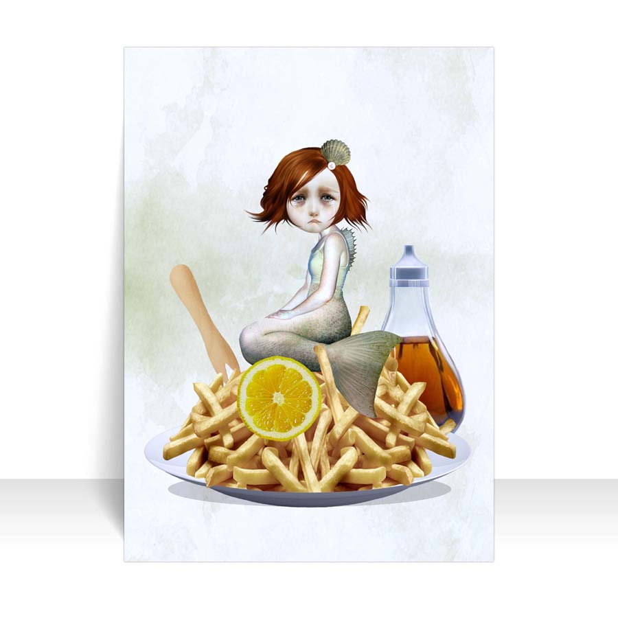 Close-up of mermaid and chips ACEO art card against a white background, highlighting its intricate quirky details.