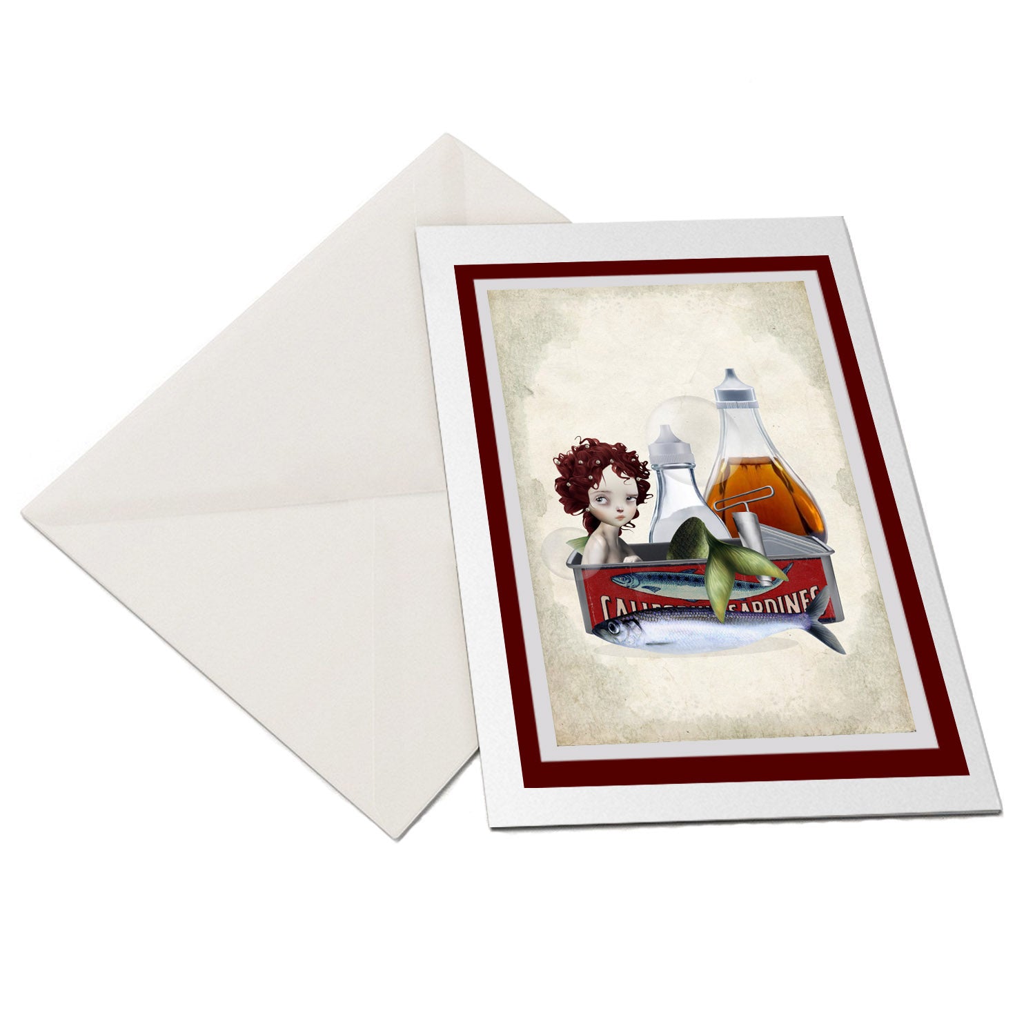 Quirky Art Greeting Card. Featuring a melancholy mermaid surrounded by sardines.