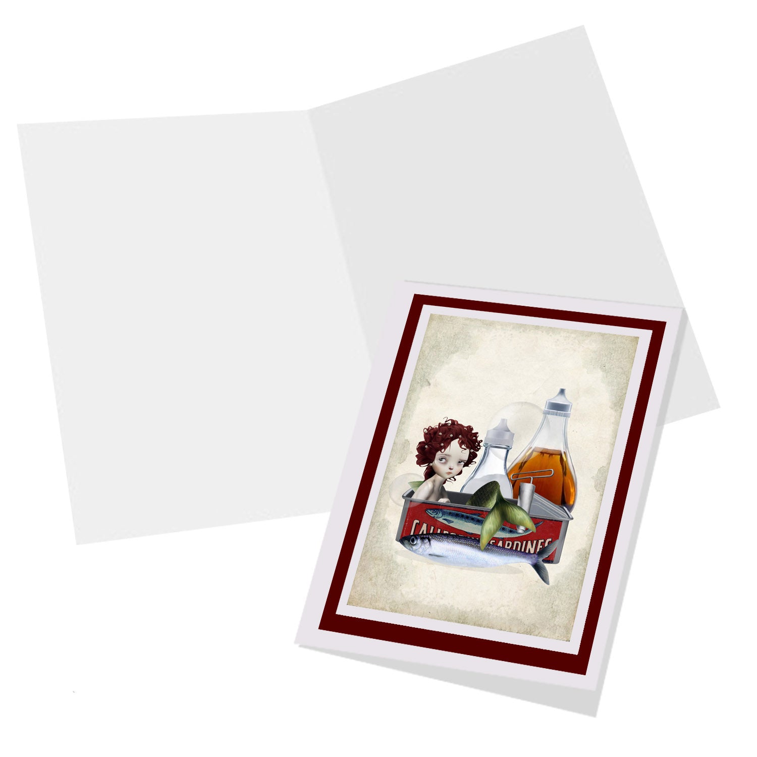 Mermaid in sardine tin art greeting card blank inside, for own personal message.