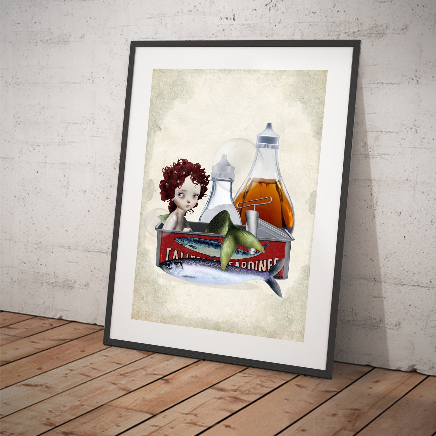 sad little mermaid trapped in a sardine can surrounded by condiments, such as salt and vinegar.