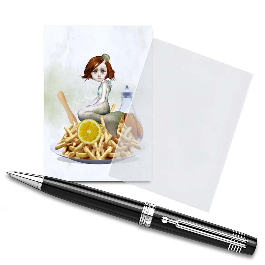 The ACEO card features a mermaid with chips, displayed in a clear protective sleeve with a pen for size comparison. It showcases quirky, artwork.
