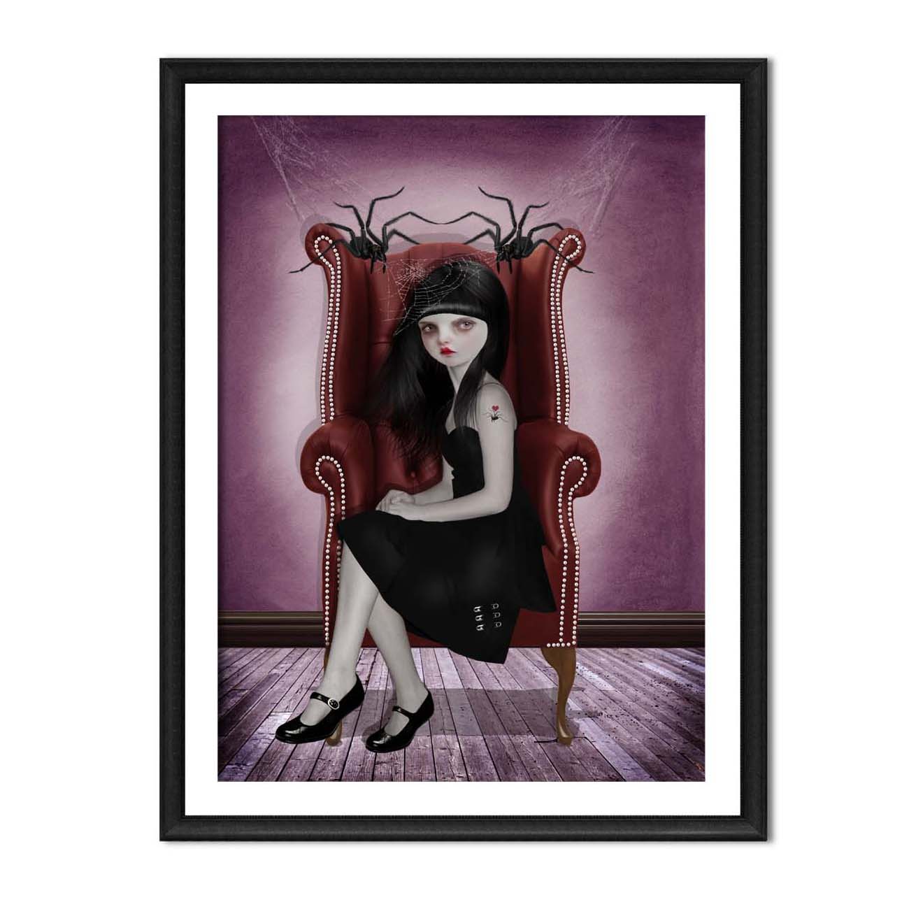Creepy cute art print, image is a goth girl Miss Muffet sitting inbeteween her enormous two pet spiders.