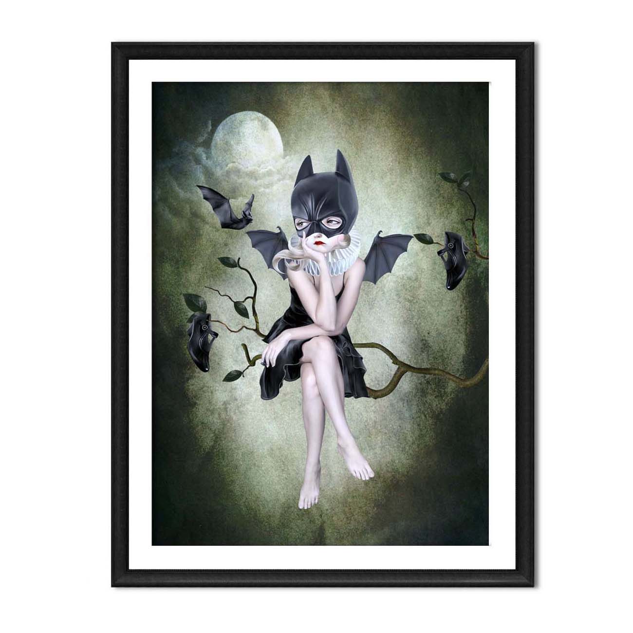 Black framed gothic art print hung on a white wall, showcasing a girl in a bat mask and ruff collar sitting on a branch under the moon.