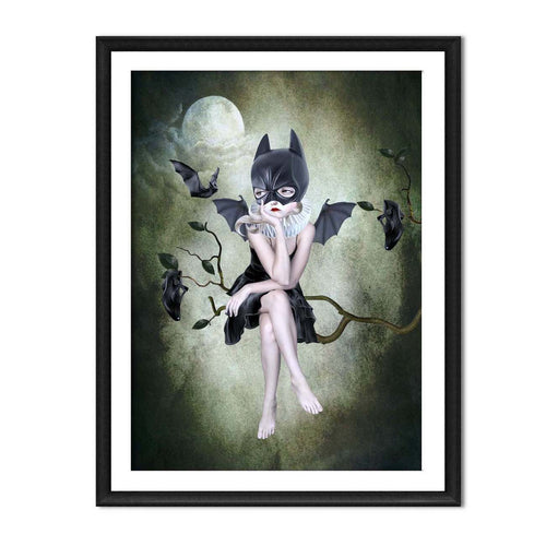 Black framed gothic art print hung on a white wall, showcasing a girl in a bat mask and ruff collar sitting on a branch under the moon.