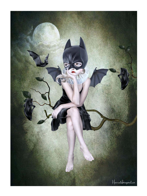 Surreal whimsigoth art print titled Moonlighting, featuring a girl with bat wings and a black bat mask sitting on a tree branch under a full moon.