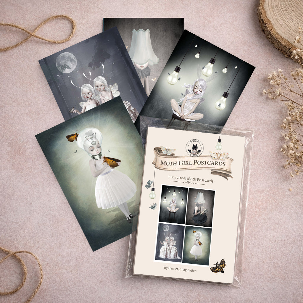 Moth Girl Art Postcard Set featuring 4 moth themed art postcards.