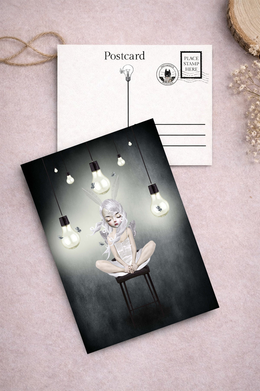 Moth girl And lightbulbs art postcard from Moth Girl Art Postcard Set