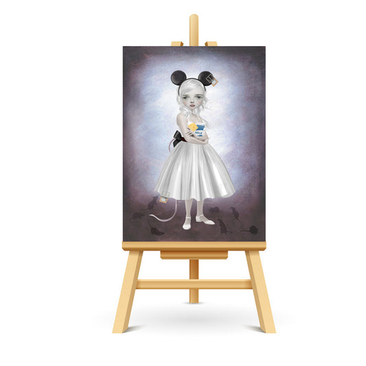 Mouse Girl ACEO art displayed on a stand. Whimsical miniature art print showcasing surreal style.
