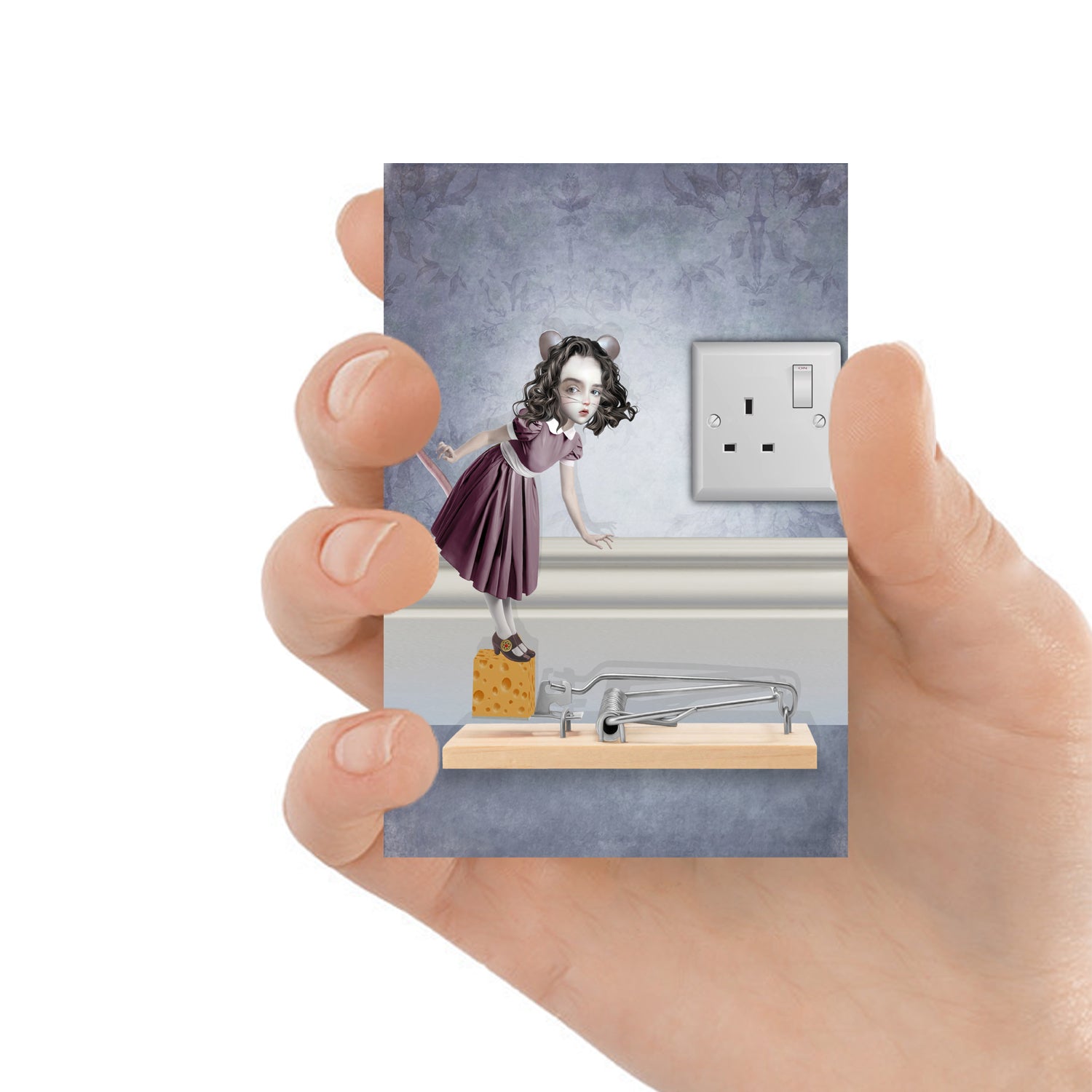 A human hand holding mouse girl ACEO Card.