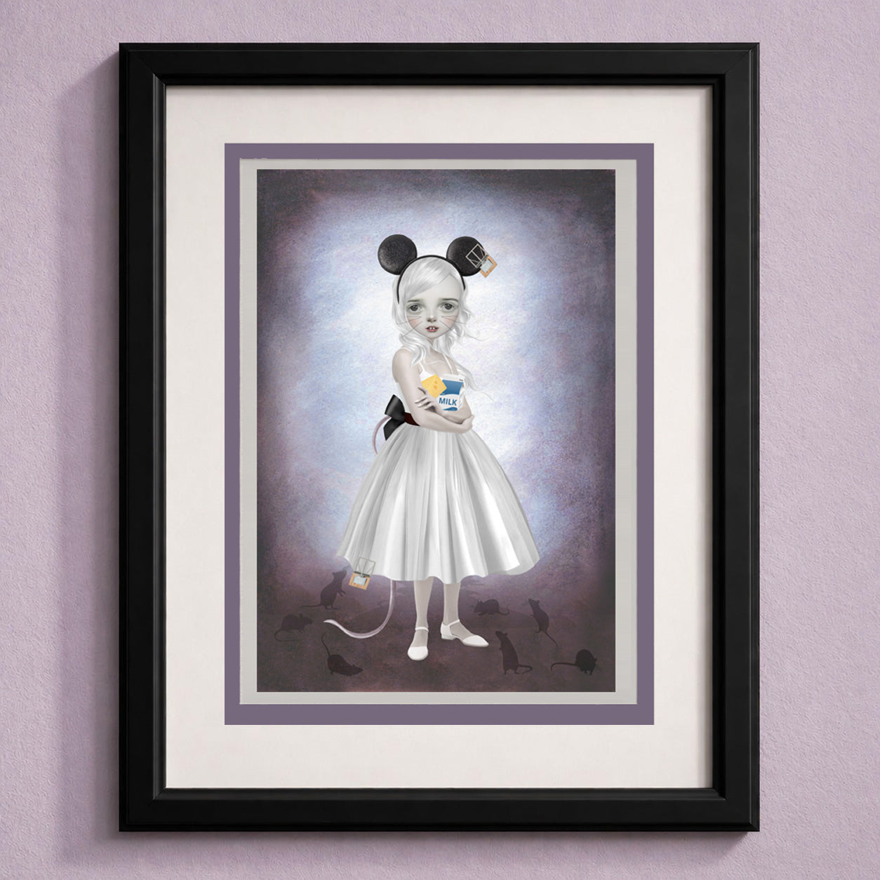 Pop-surrealist art greeting card of a wide-eyed girl with mouse ears, framed