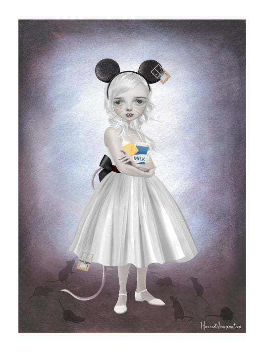 A lowbrow art print featuring a mouse girl and mice, displayed without a frame.