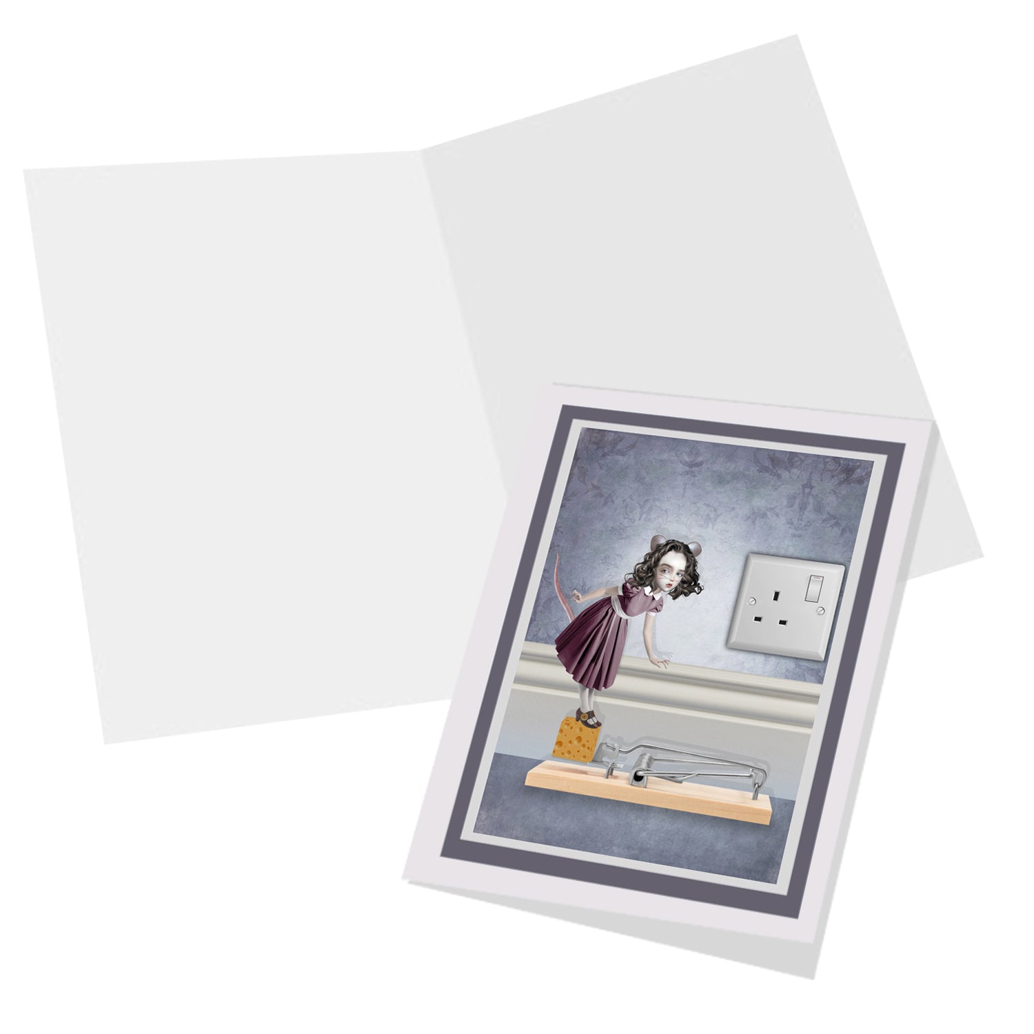 Whimsical Mouse Girl greeting card with a blank interior for your own message.