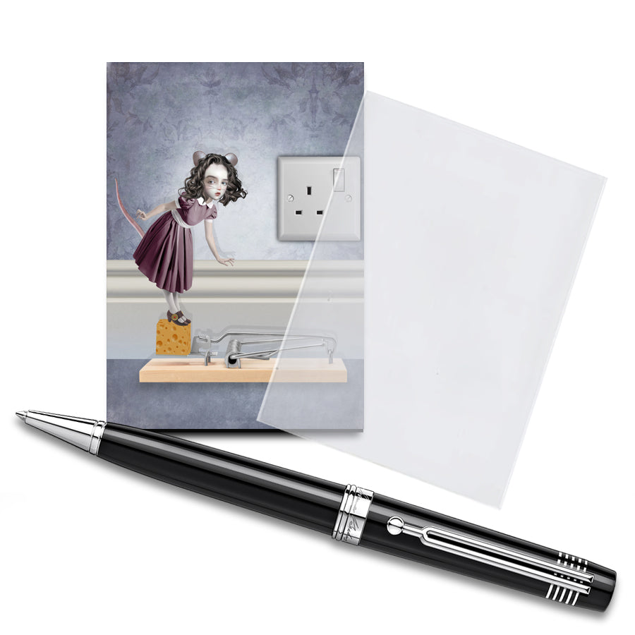 Mouse girl ACEO Card with plastic sleeve and pen for display.