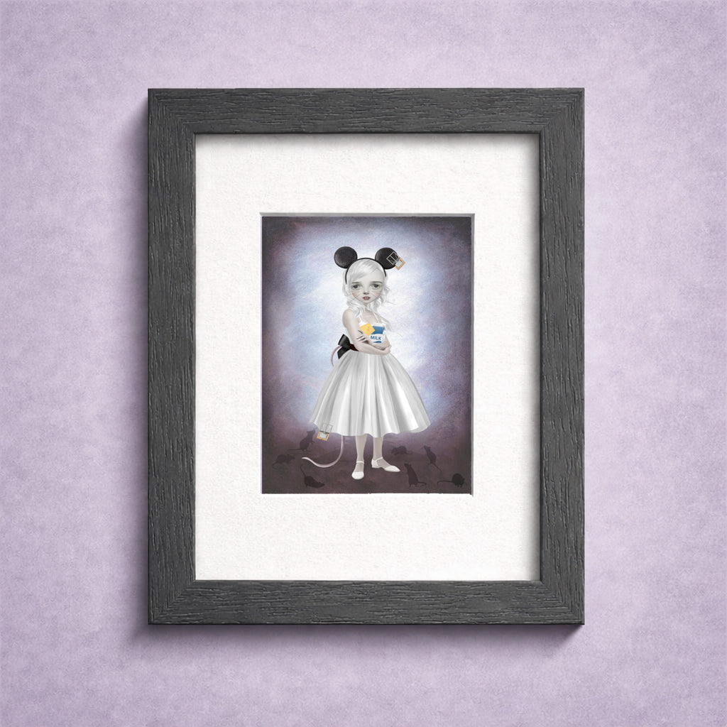 Framed artwork of a mouse themed character in a white dress with black mouse ears on a purple wall.
