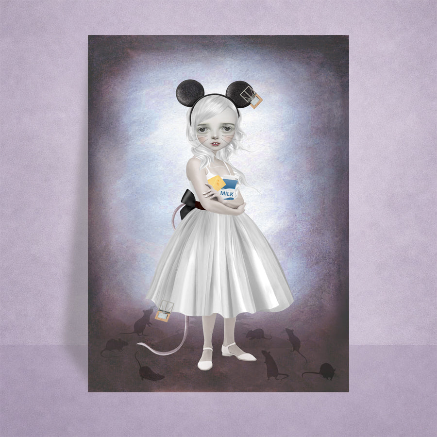ACEO Card on display showcasing a wide-eyed girl in mouse ears, surrounded by intricate symbolic details of comfort and hidden danger.