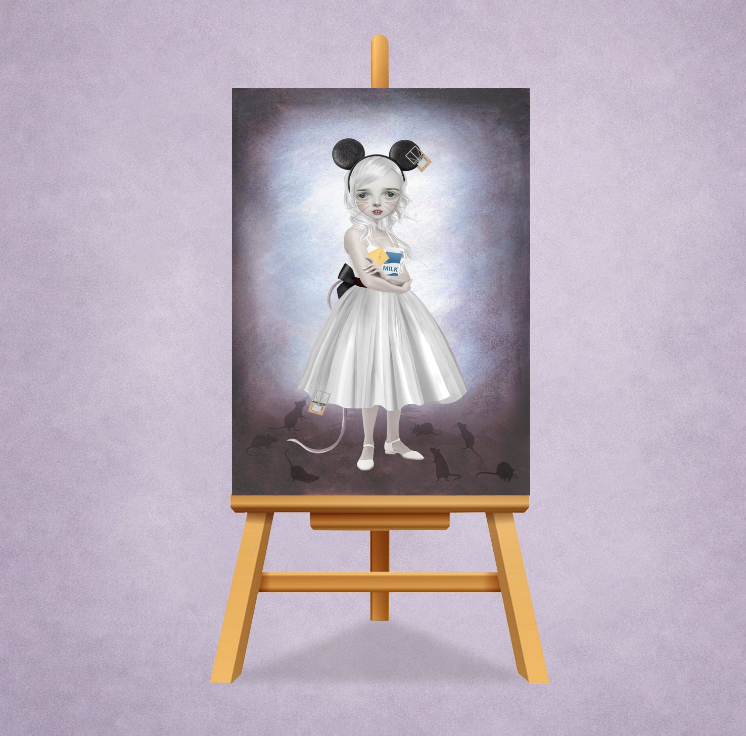 Surreal ACEO art card on a miniature display stand showcasing a wide-eyed girl in mouse ears, surrounded by intricate symbolic details of comfort and hidden danger.