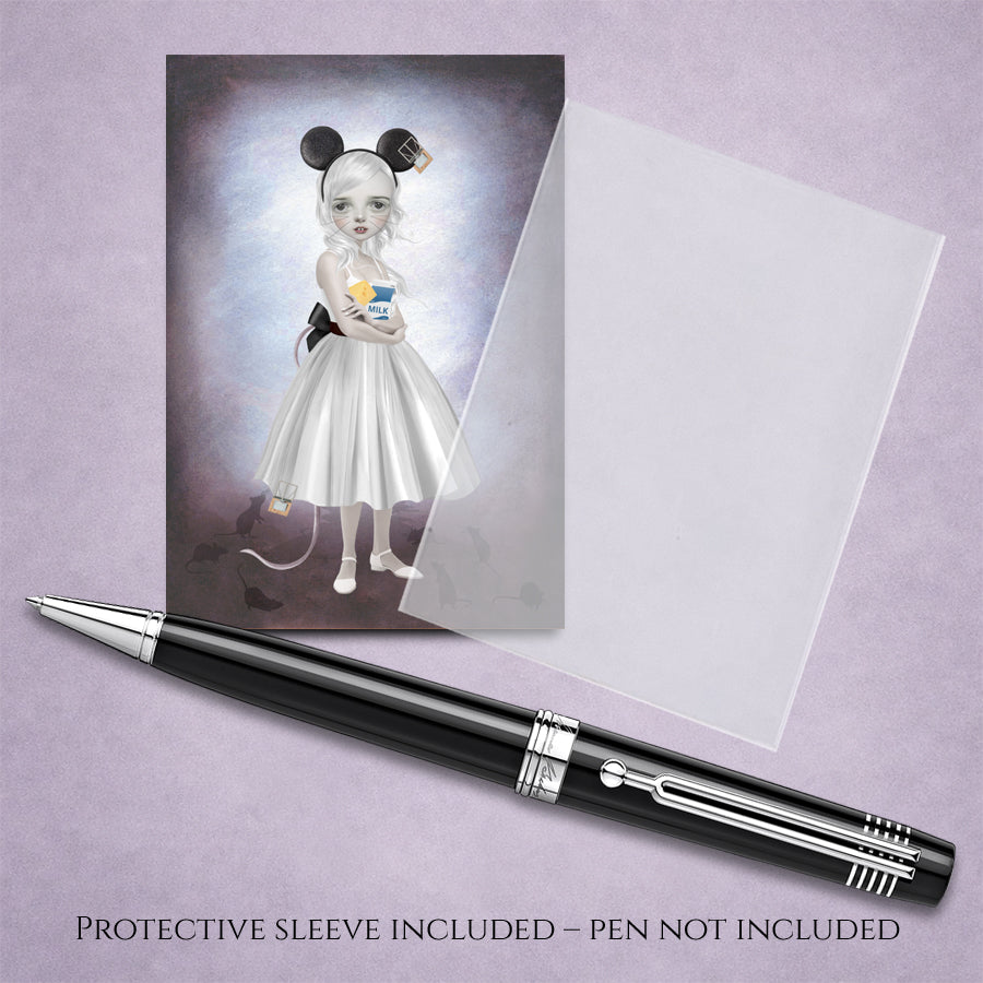 ACEO Card with protective sleeve showcasing a wide-eyed girl in mouse ears, surrounded by intricate symbolic details of comfort and hidden danger.