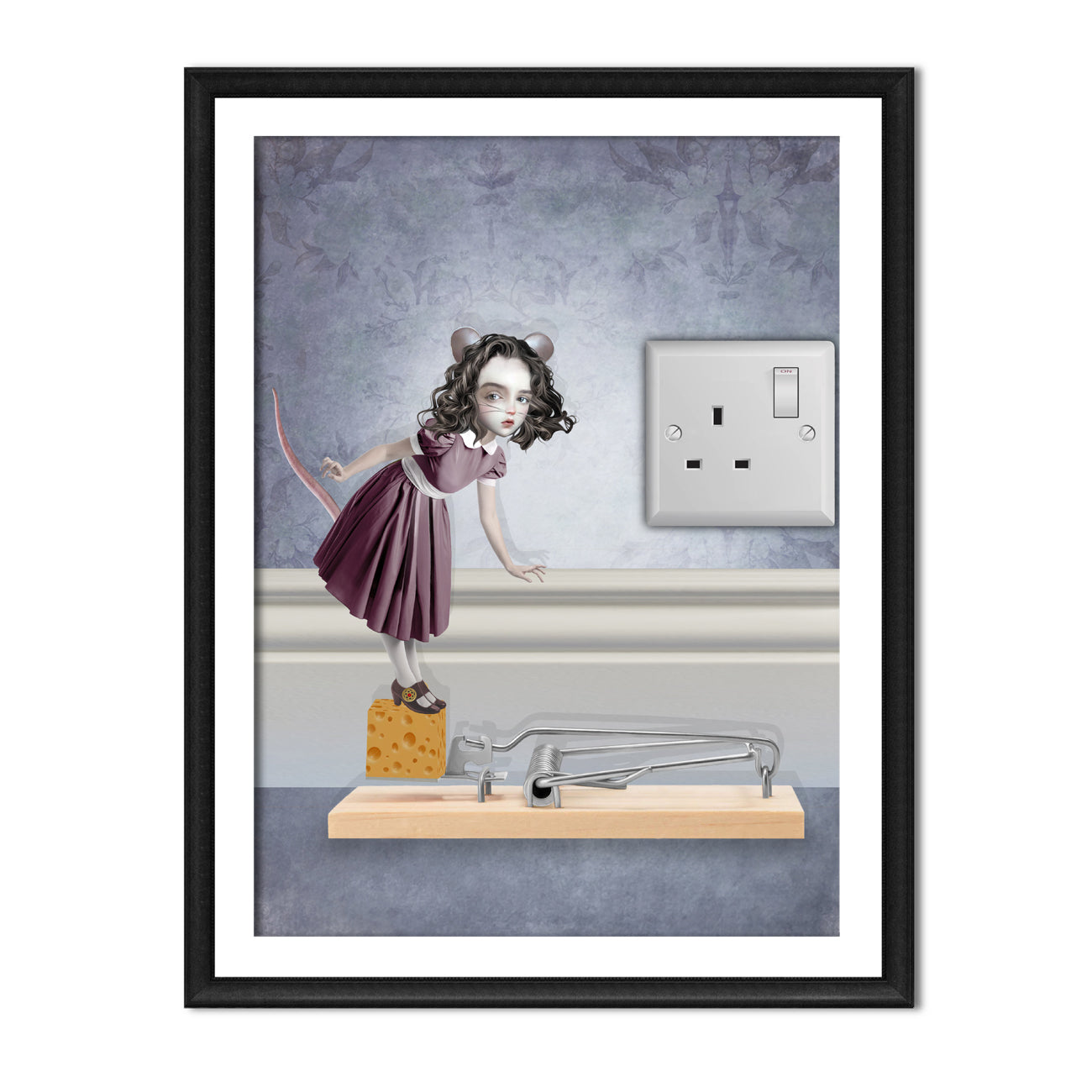 Mouse girl art print in a black frame against a white background.