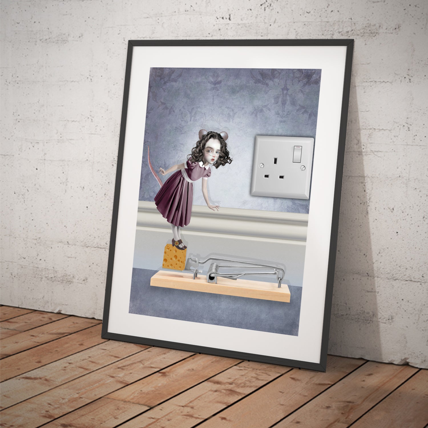 Whimsical mouse girl art in tilted frame for display.