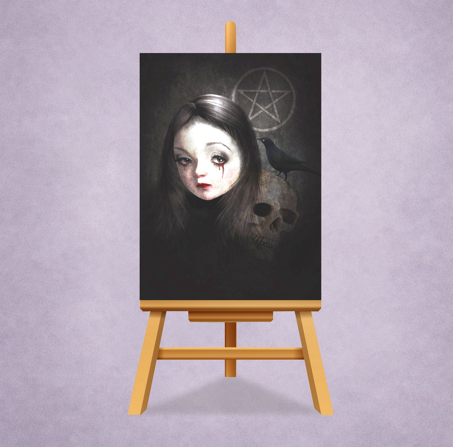 A gothic ACEO art card on a miniature wooden easel display stand, featuring a gothic illustration of a pale girl with dark hair, a skull, a blackbird, and a pentagram on a dark background.