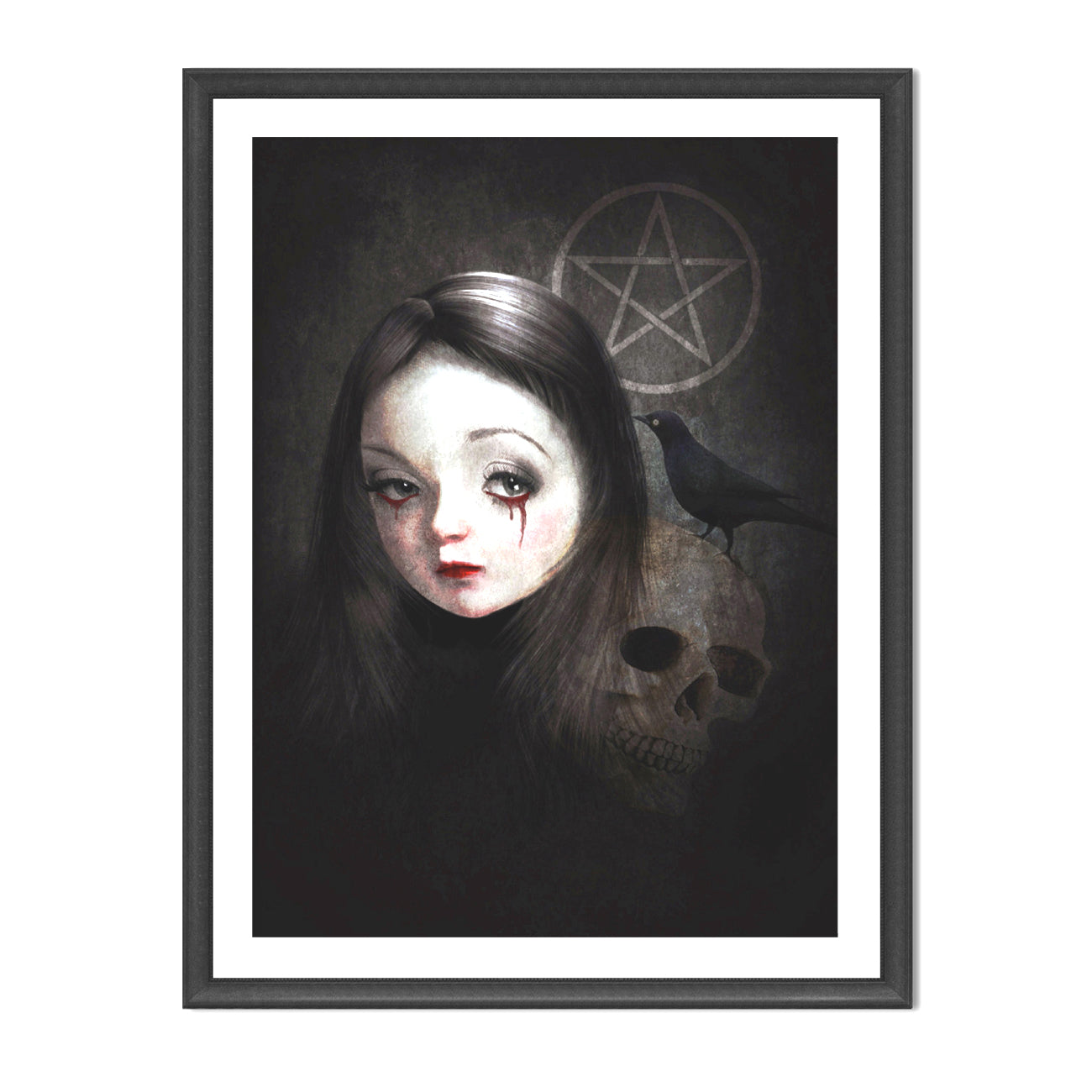 Framed A3 gothic art print featuring a stylized girl with bloody tears, a skull, blackbird, and pentacle