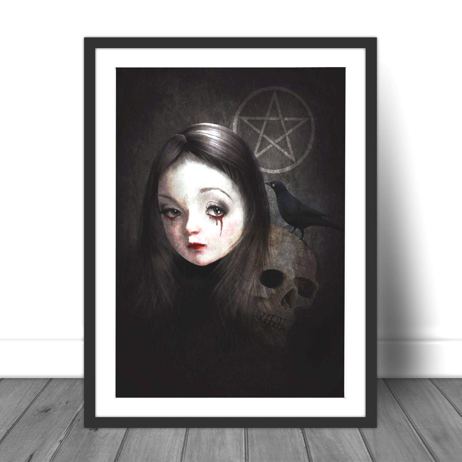 Framed A4 gothic art print featuring a stylized girl with bloody tears, a skull, blackbird, and pentacle.