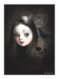 The Occultist gothic fine art print featuring a stylized girl with bloody tears, a skull, blackbird, and pentacle.