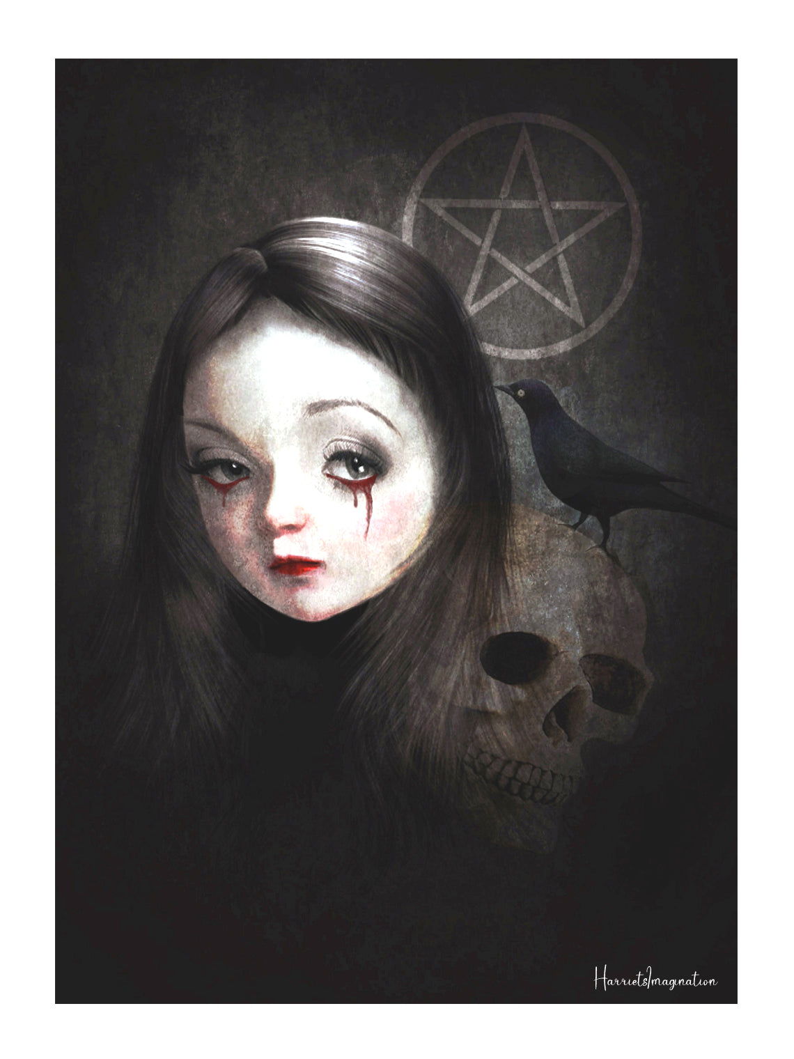 The Occultist gothic fine art print featuring a stylized girl with bloody tears, a skull, blackbird, and pentacle.