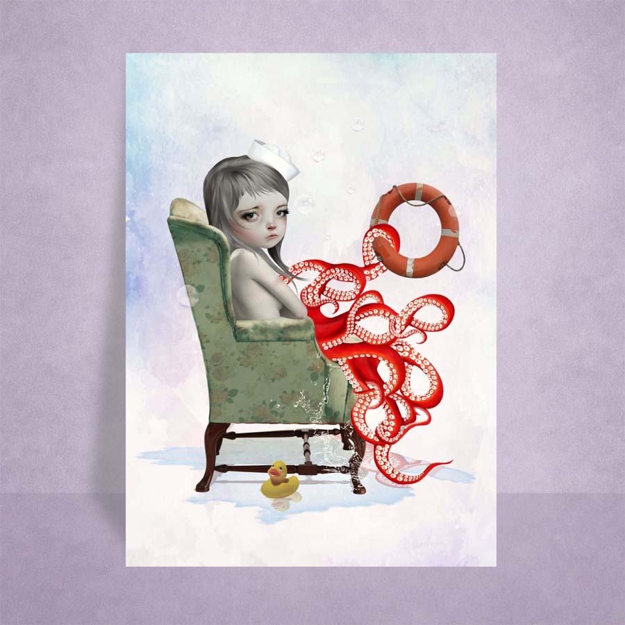 Illustration of an octopus girl with tentacles in a chair with a life preserver and rubber ducky on a light purple background