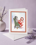 Greeting card with a octopus girl in a chair  on a purple background
