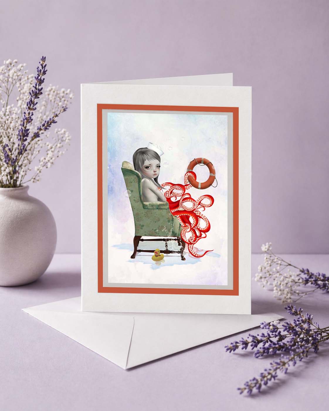 Greeting card with a octopus girl in a chair  on a purple background