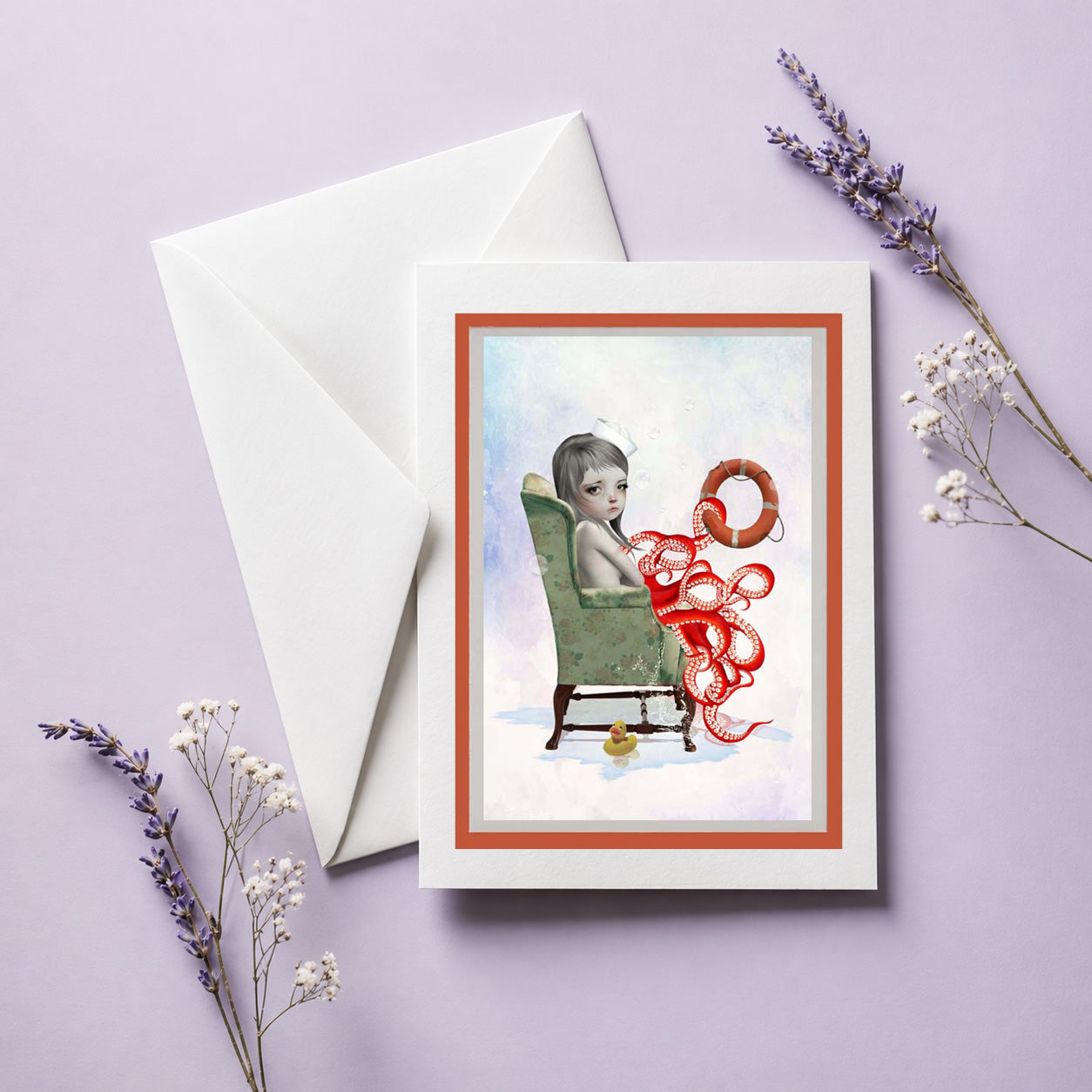 Greeting card with illustration of an octopus girl in a chair on a purple background