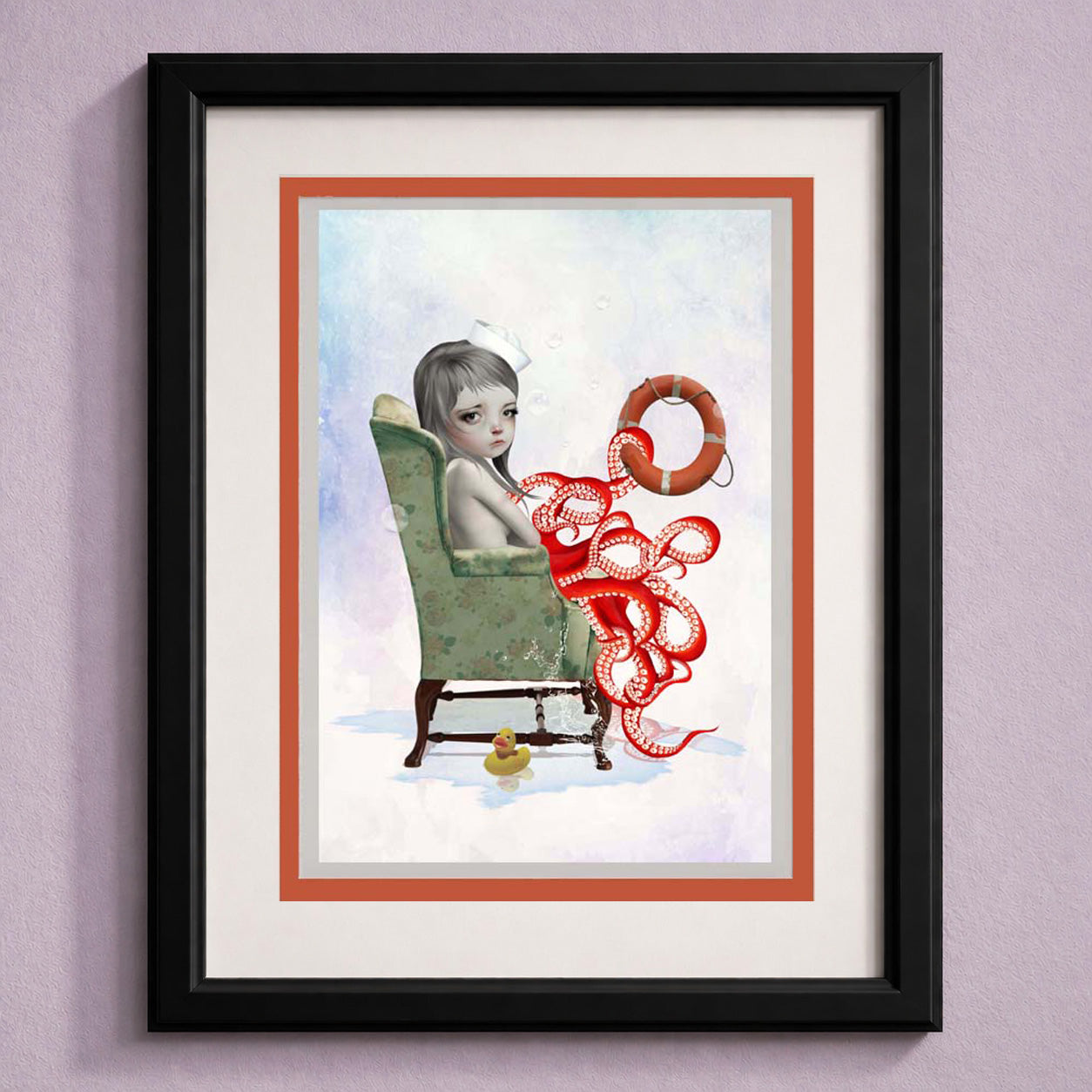 Framed art greeting card of octopus girl in a chair with tentacles on a light purple wall