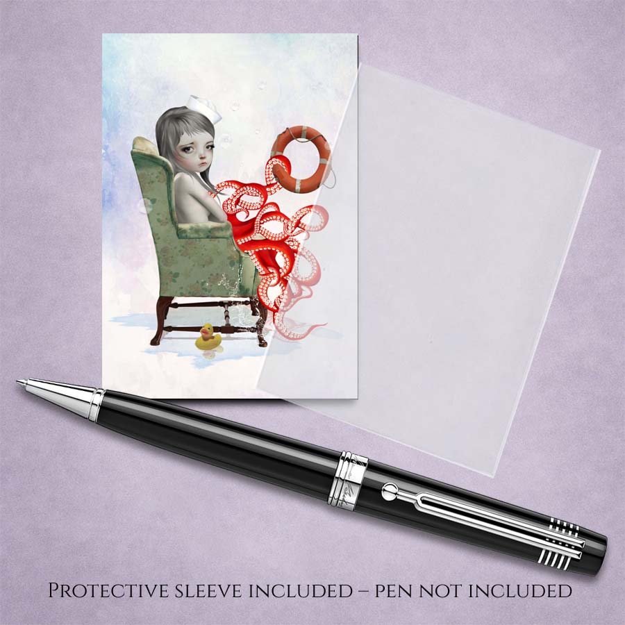 ACEO art card with illustration of an octopus girl, pen, and protective sleeve on a light purple background.