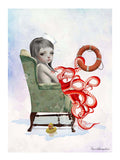 Pop surrealism artwork of a melancholy octopus girl sitting in a vintage chair with a lifebuoy, pastel tones and whimsical ocean fantasy details.