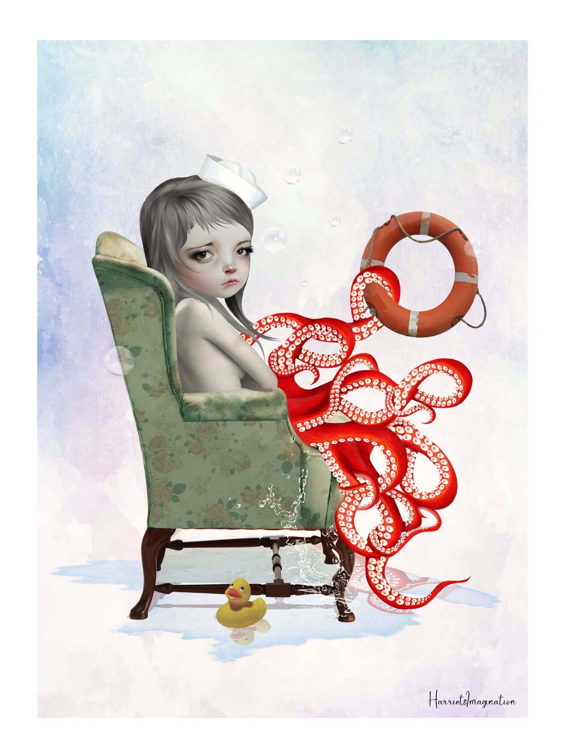 Pop surrealism artwork of a melancholy octopus girl sitting in a vintage chair with a lifebuoy, pastel tones and whimsical ocean fantasy details.