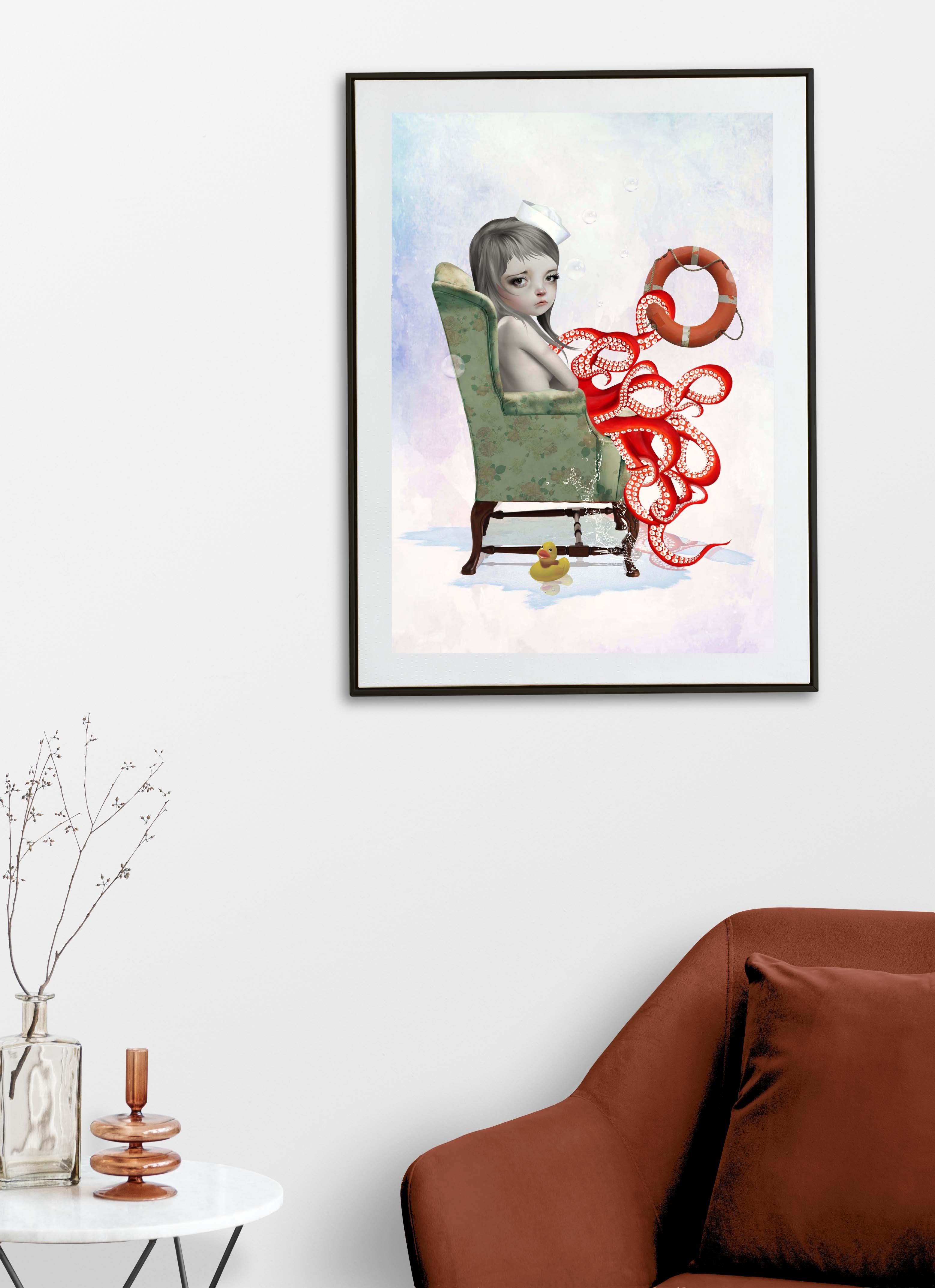 Pop surreal octopus girl wall art displayed in a modern living room with pastel tones, whimsical nautical elements and fantasy-inspired decor.