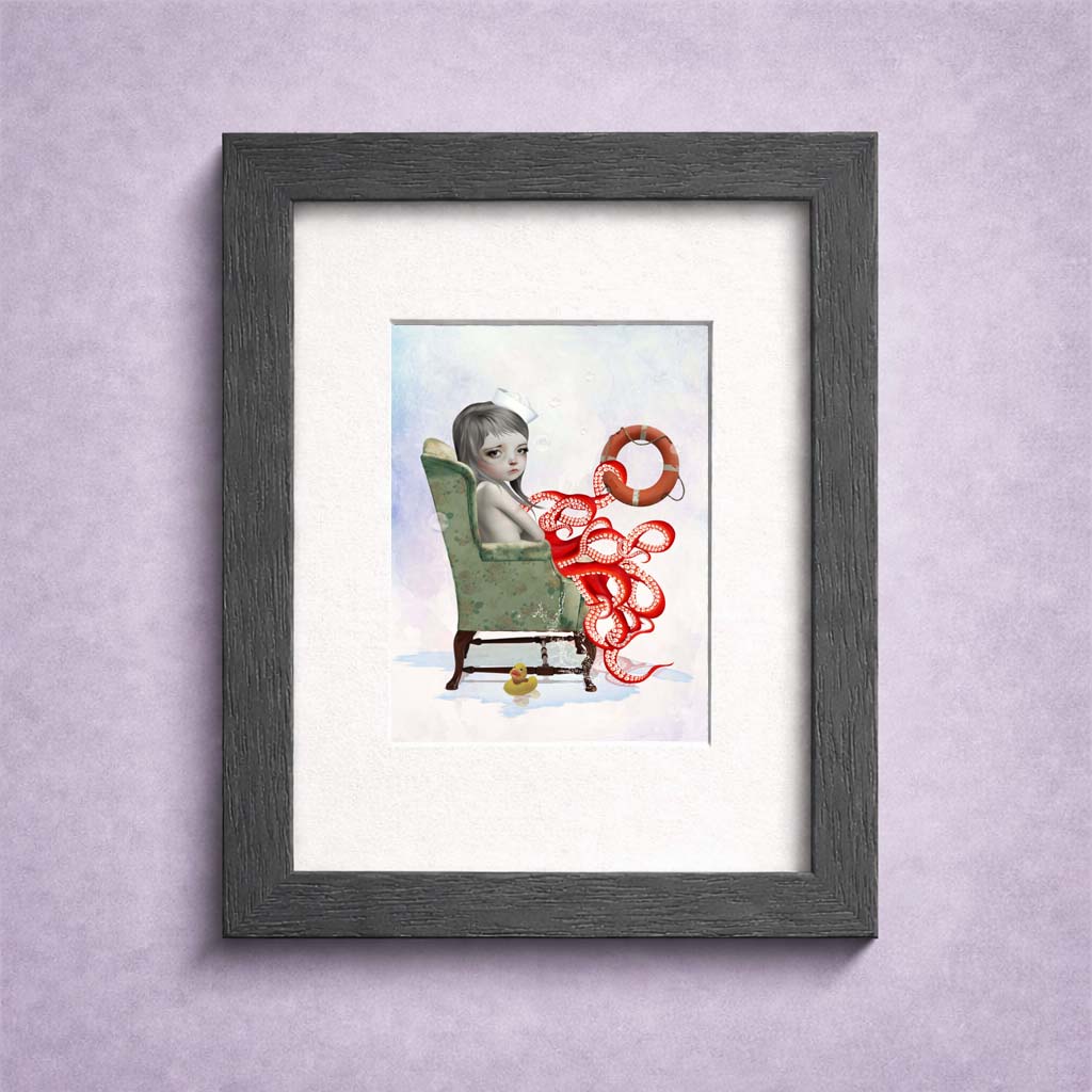 Framed Pop surreal Octopus Girl ACEO art card featuring whimsical ocean fantasy artwork with dreamy surreal details in a collectible miniature print.