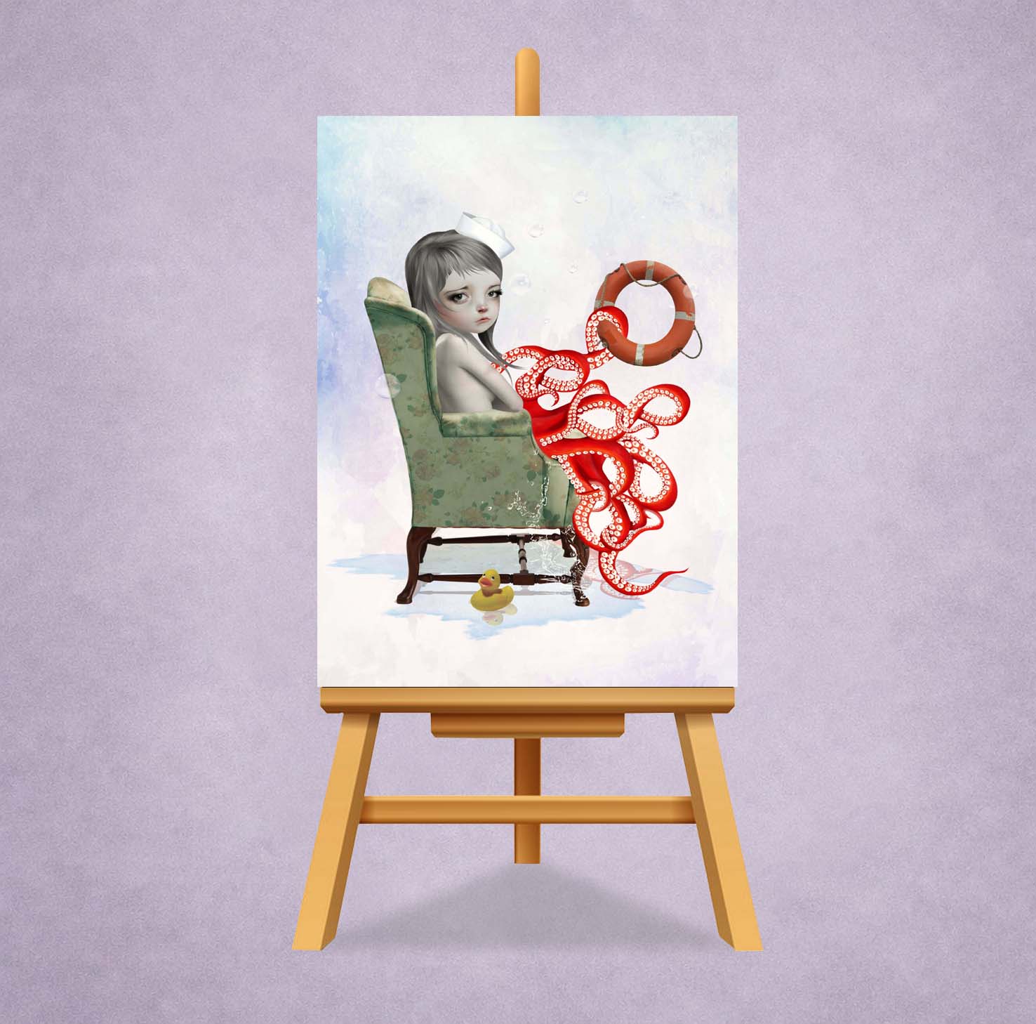 Octopus girl ACEO card displayed on a miniature Easel for display.
