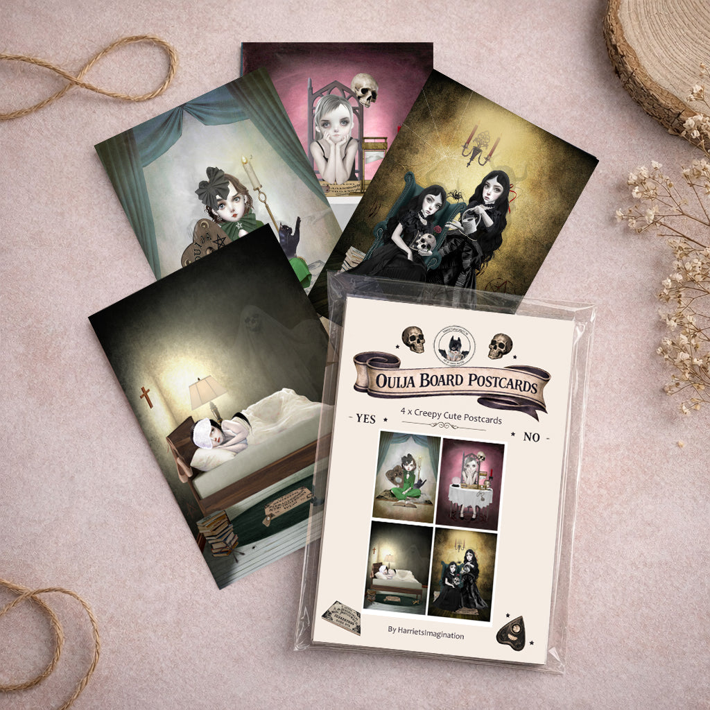 Ouija Board Postcards packaging with postcards on a textured surface.